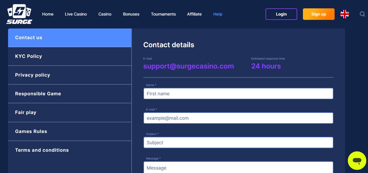 Contact Surge Casino support team via email form