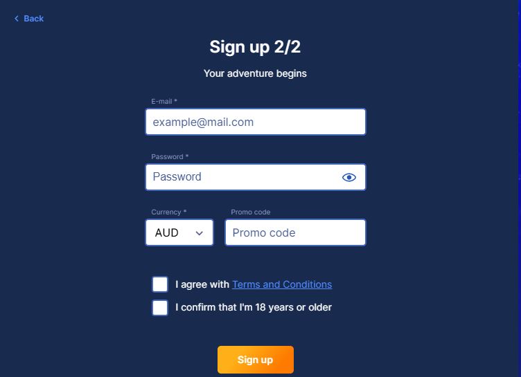 Register new Surge Casino account by filling signup form